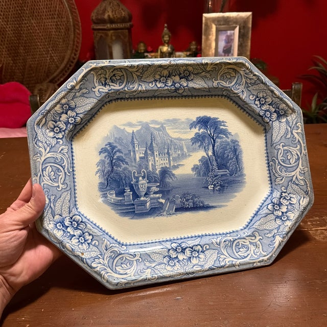 Antique English Blue Transfer Ironstone Octagonal Platter, River and Castle Scene, Circa Mid-19th Century For Sale - Image 12 of 12
