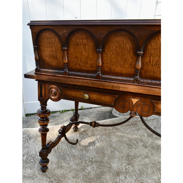Antique Skandia Unique Carved Inlaid Walnut & Satinwood Tudor Style Spinet Desk For Sale - Image 11 of 12