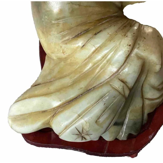 Jade Monumental Antique Chinese Jade-Like Happy Buddha Sculpture on Custom Wooden Base, One-Piece Hand-Carved Jade | Symbol of Prosperity & Joy For Sale - Image 8 of 12