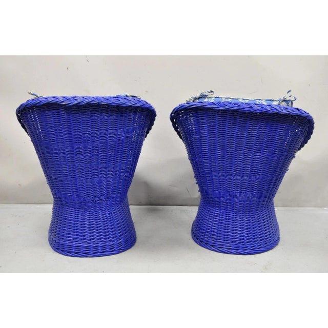 Vintage Mid Century Modern Blue Painted Wicker Rattan Pod Club Chairs - A Pair For Sale - Image 10 of 12