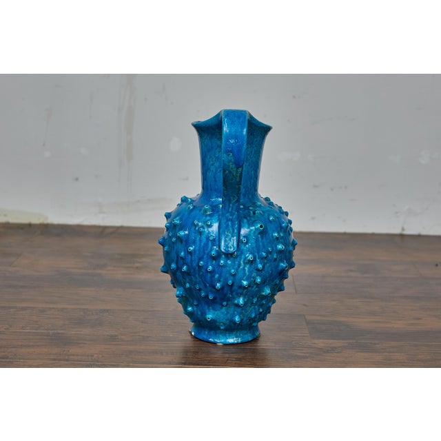 Mid 20th Century Midcentury Modern 1950s French Vallauris Blue Pottery Pitcher with Spiked Design For Sale - Image 5 of 7