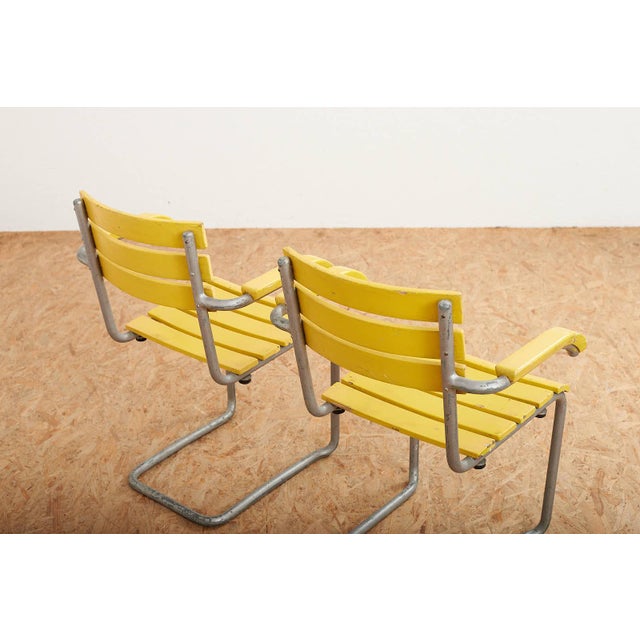 Yellow Model 1024 Garden Chairs with Galvanized Steel Tube Frames and Yellow Wooden Slats, 1934, Set of 2 For Sale - Image 8 of 13