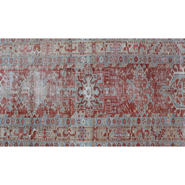 Textile Antique Persian Heriz Runner With Geometric Design in Soft Red and Sky Blue 2'10 X 10'1 For Sale - Image 7 of 13