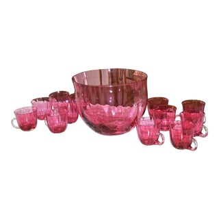Vintage Cranberry Color Crystal Punch Bowl With 12 Cups For Sale