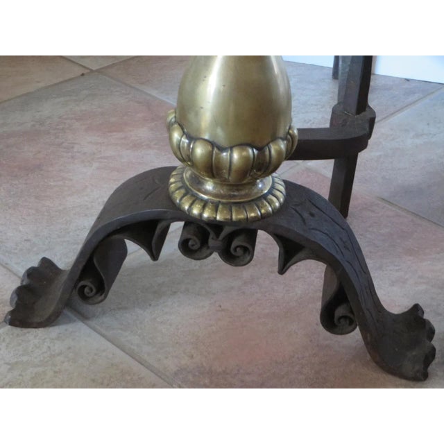 Metal Antique Brass & Iron Andirons - a Pair With Iron Dogs For Sale - Image 7 of 11
