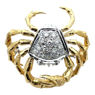 18k Yellow & White Gold Diamond Crab Brooch Pin For Sale