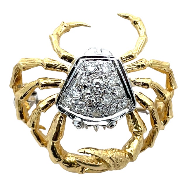 18k Yellow & White Gold Diamond Crab Brooch Pin For Sale