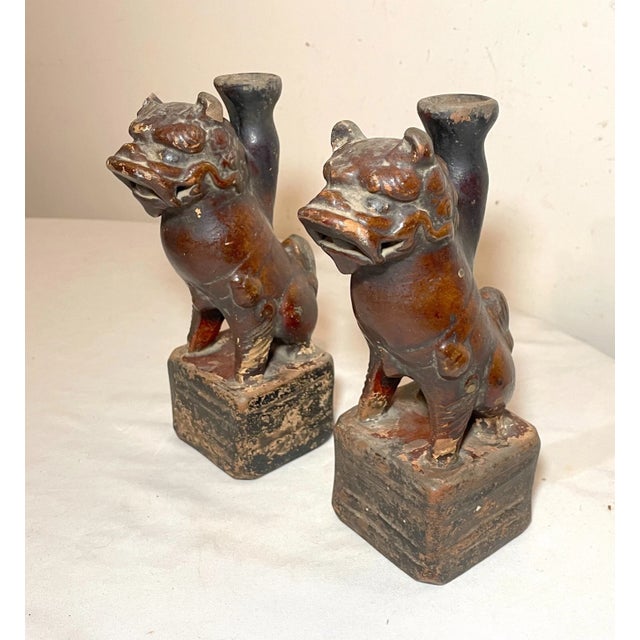 Ceramic Antique Handmade Late Ming Dynasty 1600's Pottery Foo Lion Oil Lamps Sculptures For Sale - Image 7 of 13