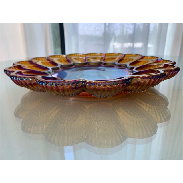 1960s Vintage Indiana Glass Iridescent Gold Carnival Deviled Egg Platter or Relish Plate For Sale - Image 5 of 12