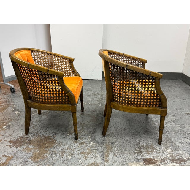 Saffron Velvet Mid 20th Century Cane Barrel Chairs, Pair For Sale In San Francisco - Image 6 of 12