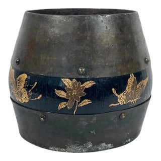Certified Antique Chinese Elm & Fir Wooden Rice Measuring Container / Bucket Anhui Province With Gold Butterflies and Moths, Qing Dynasty For Sale