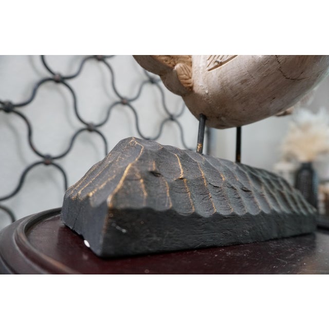 Vintage Hand-Carved Whitewashed Peacock Sculpture on Textured Black Base For Sale - Image 4 of 5