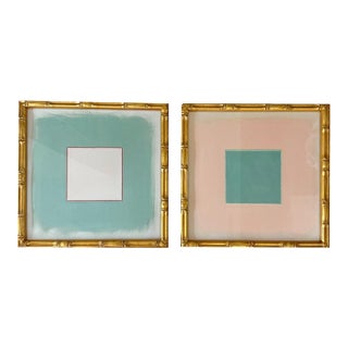 Sage Green and Pink-Peach Minimalist Art Prints in Metallic Bamboo-Style Frames, 16 X 16 In. Prints, Set of 2 For Sale