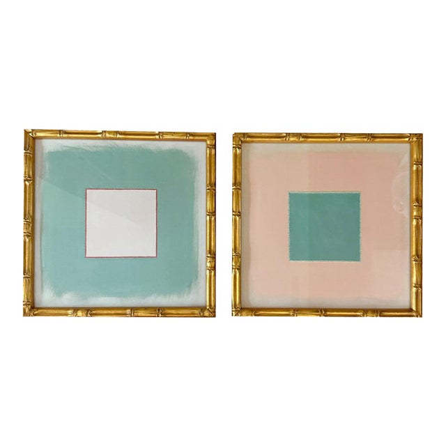 Sage Green and Pink-Peach Minimalist Art Prints in Metallic Bamboo-Style Frames, 16 X 16 In. Prints, Set of 2 For Sale