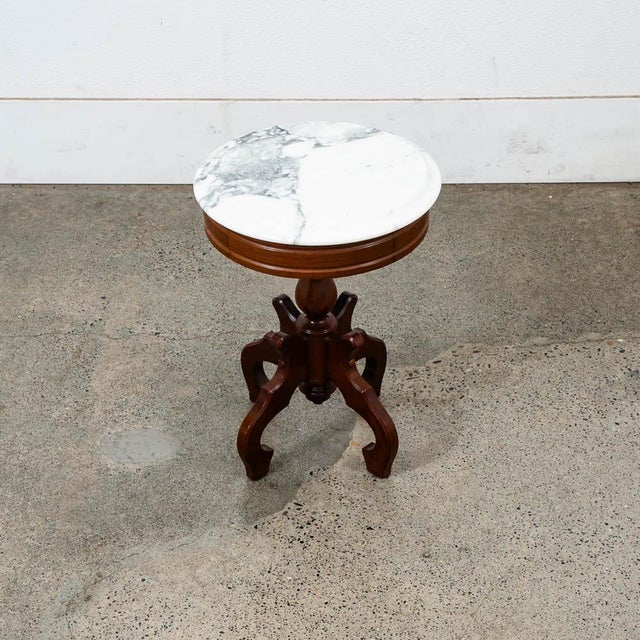 Mid Century Modern End Table SideRound Stone Pedestal Mahogany Marble Vintage Nm For Sale - Image 11 of 11