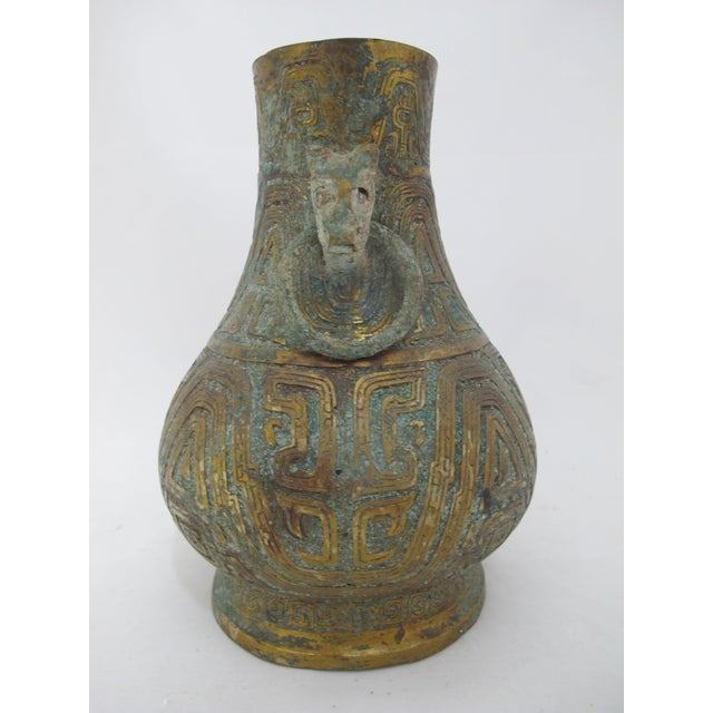 Green Chinese Archaic Gilt Bronze Ware Ritual Wine Hu Vessel With Beast Handles For Sale - Image 8 of 11