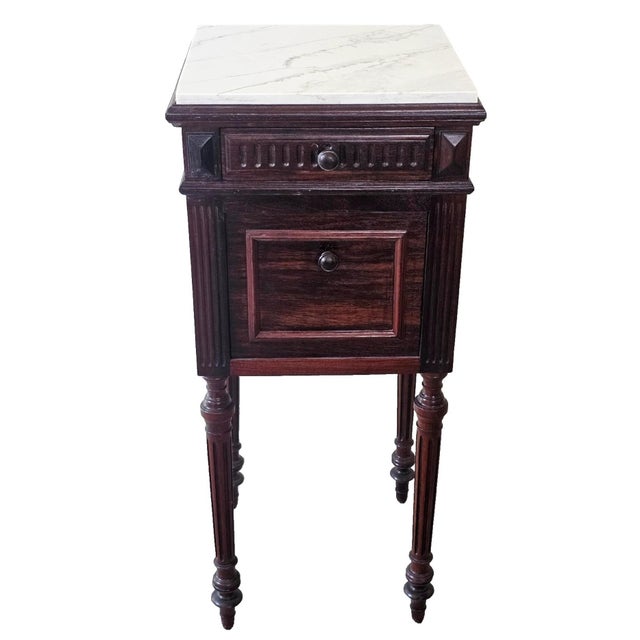 Antique French 1920s Marble Top Nightstand Mahogany Bedside Cabinet For Sale - Image 11 of 18
