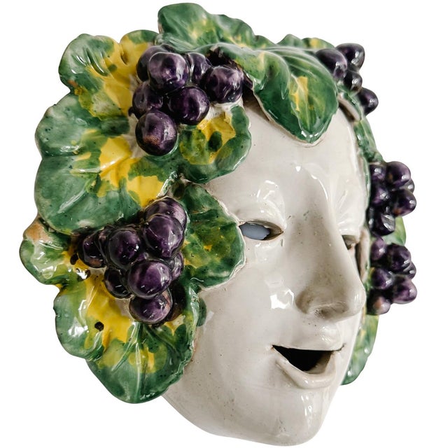 Hollywood Regency Vintage Italian Glazed Terracotta Bacchus Wall Mask For Sale - Image 3 of 6