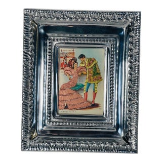 1940s Spanish Embroidered Postcard of Flamenco Dancer in Metal Frame For Sale