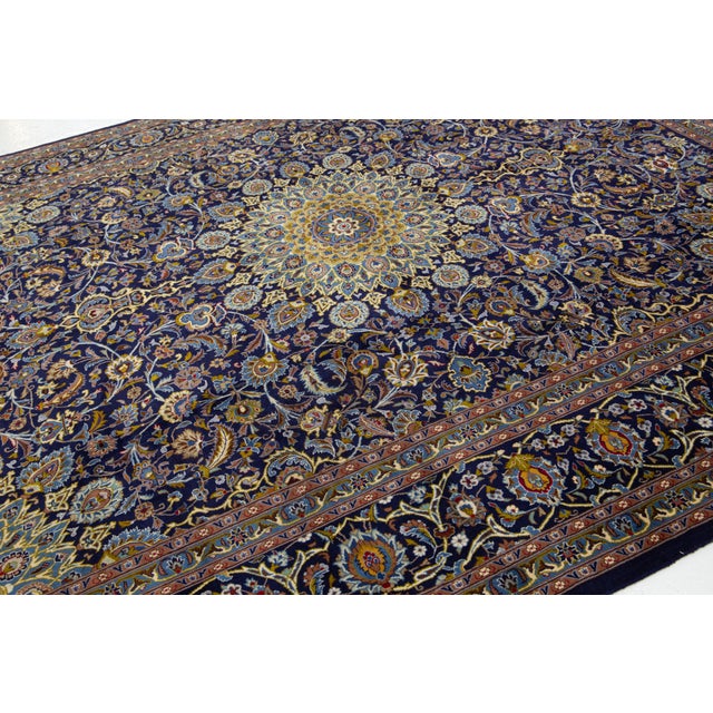 1950s 1950s Hand-Knotted Persian Kashan Rug in Blue For Sale - Image 5 of 12
