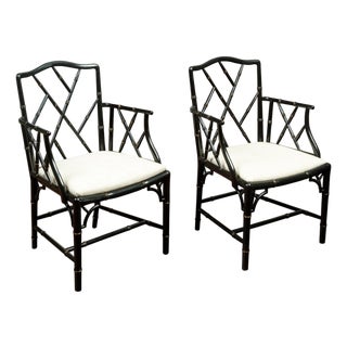 Pair of Midcentury Chinese Chippendale Style Black Faux Bamboo Armchairs For Sale