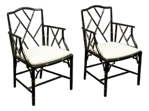 Pair of Midcentury Chinese Chippendale Style Black Faux Bamboo Armchairs