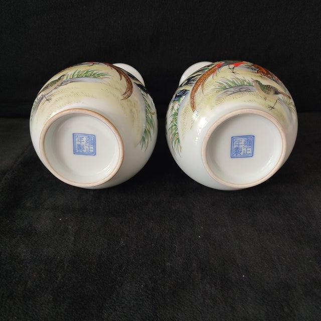 White A Pair of Chinese Ceramic Vase,Yongzheng Marked Enameled Porcelain Yuhuchun Vase Hand Painted Flowers and Birds Pattern For Sale - Image 8 of 13