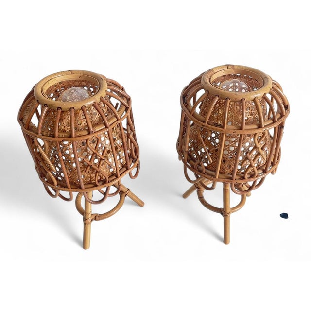 French Riviera Rattan and Cane Table Lamps by Franco Albini, 1960s, Set of 2 For Sale - Image 13 of 14