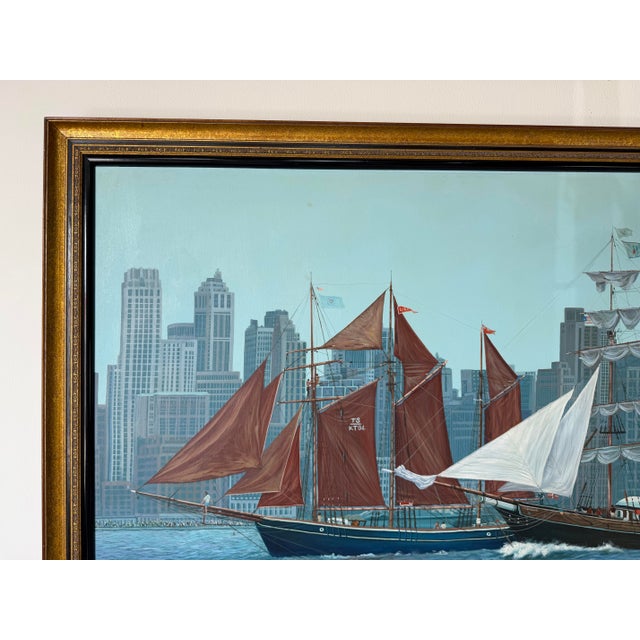 Large- 1980’s Diane Kenny Maritime City Skyline Painting, Framed For Sale In Miami - Image 6 of 12