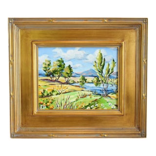 Impressionist Landscape & Pond Floral Oil Painting Including the Antiqued Gold Wood Frame For Sale