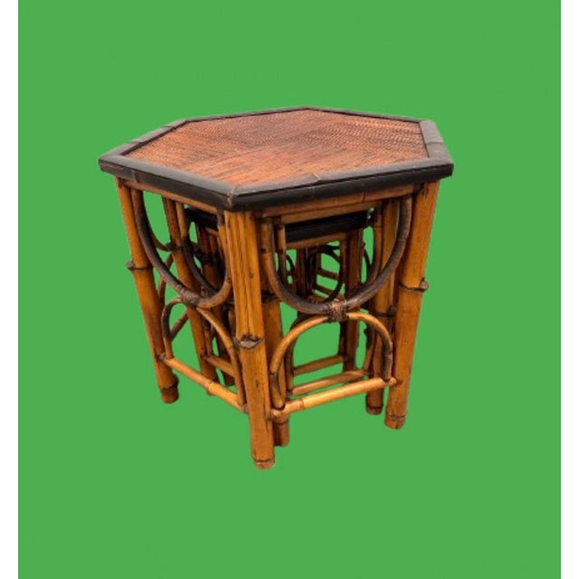 1970s Vintage Burnt Bamboo & Rattan Nesting Hexagon Shaped Tables - Set of 3 For Sale In Miami - Image 6 of 9