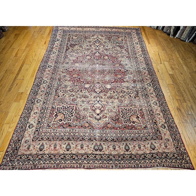 19th Century Oversized Persian Kerman Lavar Rug, Hand-Knotted Wool, Floral Pattern, Ivory & Burgundy, 11’ X 16’ For Sale In Chicago - Image 6 of 14