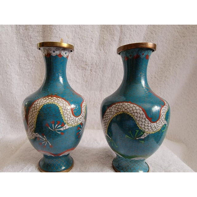 Blue Vintage Blue Cloisonne Vases with Dragon Themes- a Pair For Sale - Image 8 of 13