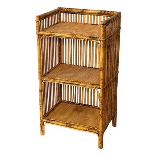 1970s Organic Modern Three-Tier Small Etagere in Burnt Bamboo and Rattan For Sale