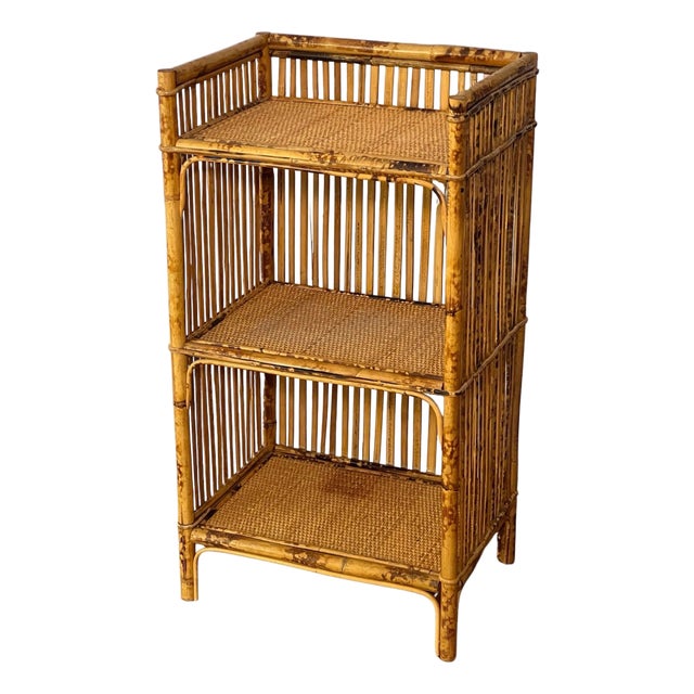 1970s Organic Modern Three-Tier Small Etagere in Burnt Bamboo and Rattan For Sale