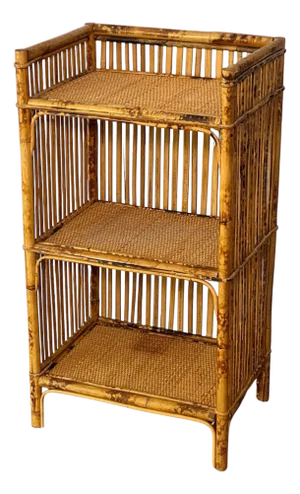 1970s Organic Modern Three-Tier Small Etagere in Burnt Bamboo and Rattan
