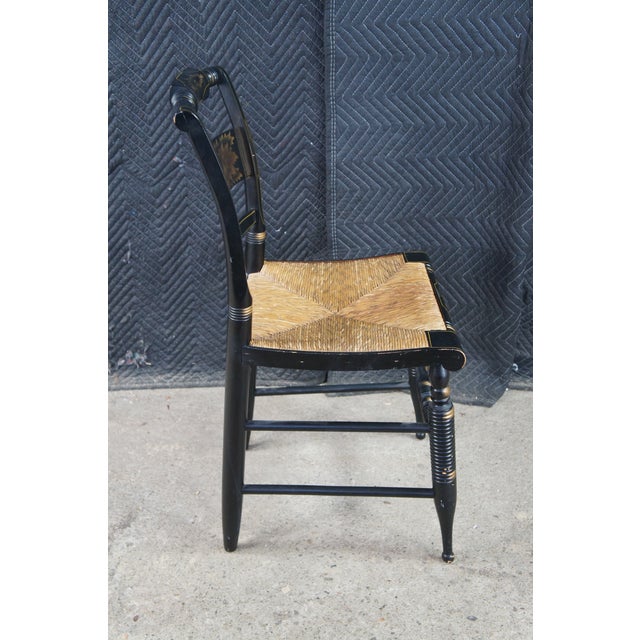 Wood 2 Antique L. Hitchcock Black Gold Stenciled Farmhouse Harvest Rush Seat Chairs For Sale - Image 7 of 13
