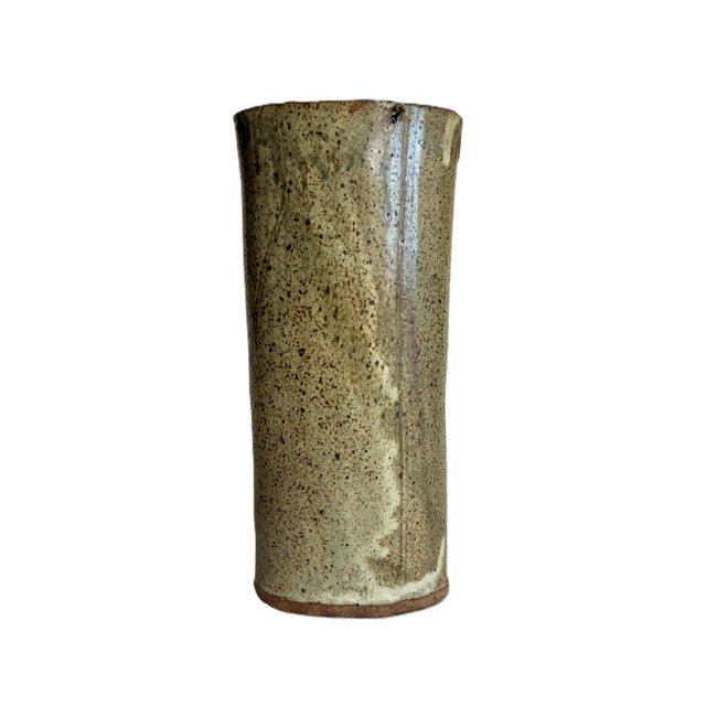 1970s Signed Mid-Century Modern Tall Stoneware Speckle Vase: 1970s Abstract Ceramic Art For Sale - Image 5 of 10
