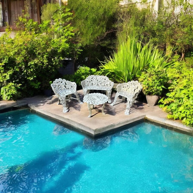 White Cast Iron Grapevine Antique Victorian Outdoor Garden Furniture Suite-Set of 5 For Sale - Image 6 of 13