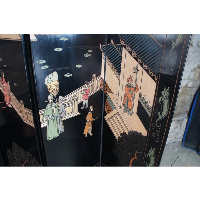 Chinese Coromandel Black Lacquer 8 Panel Folding Screen Room Divider 128" For Sale - Image 10 of 17
