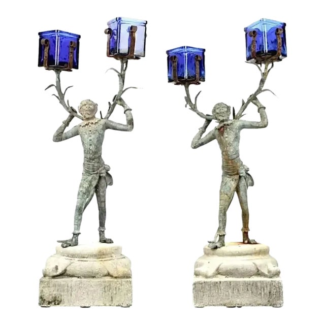 A Pair of Bronze Monkey Butler Candlesticks For Sale