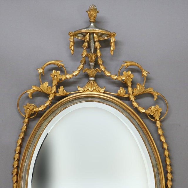 Antique Oversized French Gilt Wood Oval Wall Mirror With Silver Embellishments and Urn Form Finial C1930 Measures - 52 1/2...
