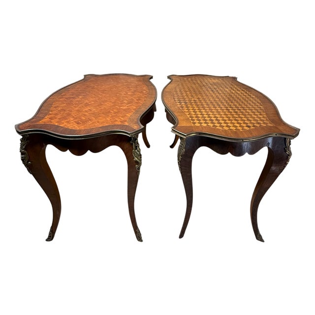 19th Century Louis XV Revival Parquetry Side Tables with Ormolu Mounts, 1890s, Set of 2 For Sale