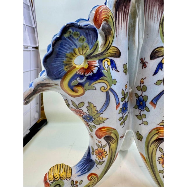 Gorgeous Antique French Faience Rouen 3 Horn or Cornucopia Vase Is Decorated With Vibrant Florals & Florishes In Shades Of...
