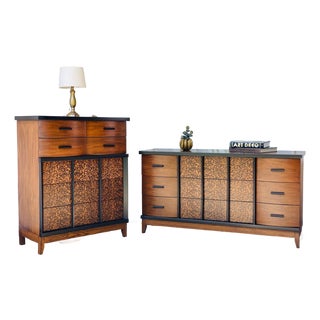 Mid-Century Modern Vaughan Bassett Walnut & Custom Oak Dresser Set For Sale