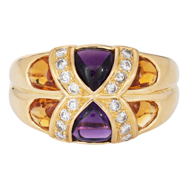 80s Portuguese Ring Amethyst Citrine Diamond 19k Yellow Gold Sz 6.5 Fine Jewelry For Sale