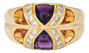 80s Portuguese Ring Amethyst Citrine Diamond 19k Yellow Gold Sz 6.5 Fine Jewelry