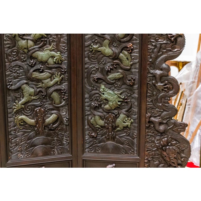 Chinese Antique Chinese Relief/Carved Screen in Solid Wood & Jade For Sale - Image 3 of 12