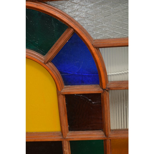English Art / Stained Glass & Wood Window Panel / Color W/ Yellow & Blue Arches in Center For Sale - Image 3 of 17