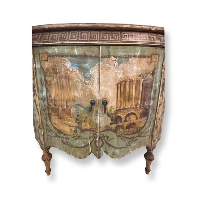 Antique Venetian Demilune Chest, Paint Decorated Ruins Scenes and detail of Greek guard Brass Hand.